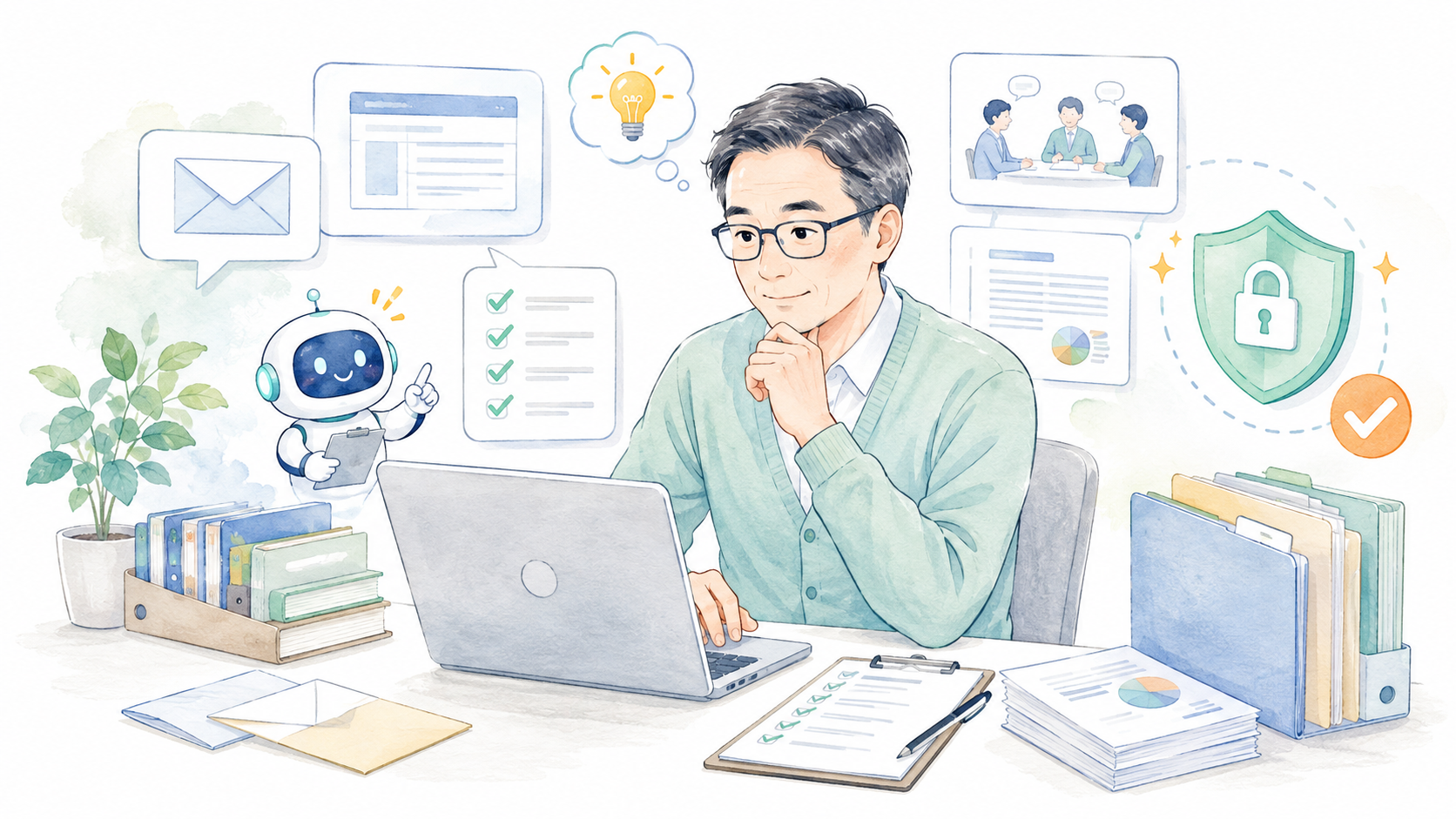 生成AIを使って社内文書を安全に作成・確認する男性担当者