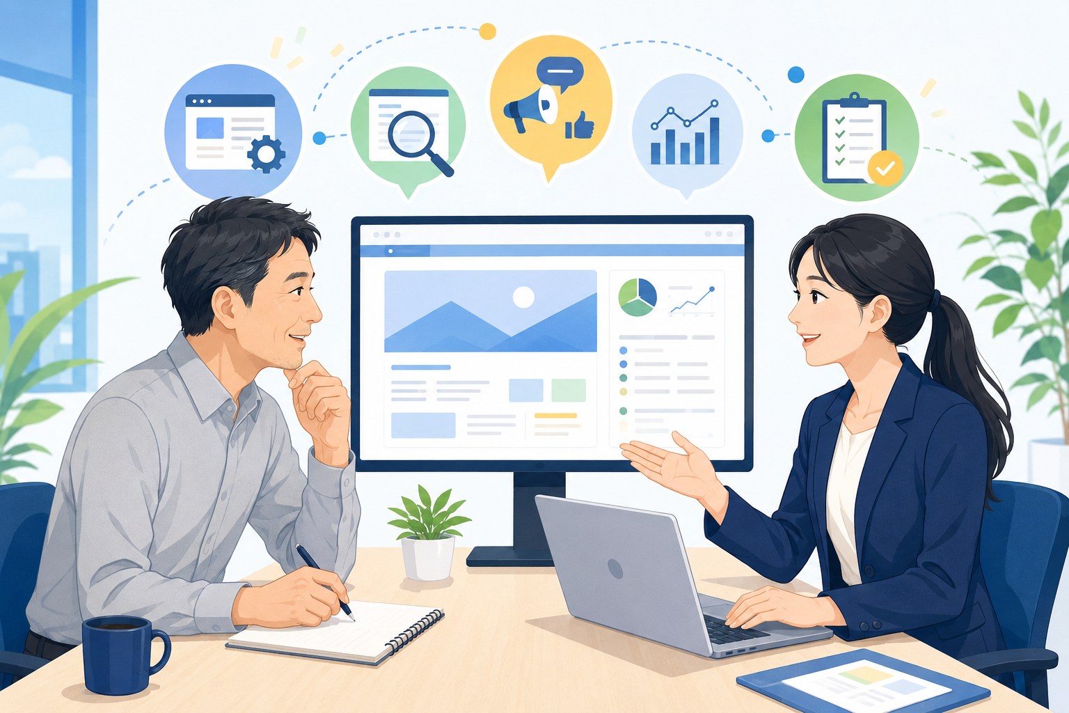 社内担当者と外部のWeb担当者がサイト運用について打ち合わせる様子