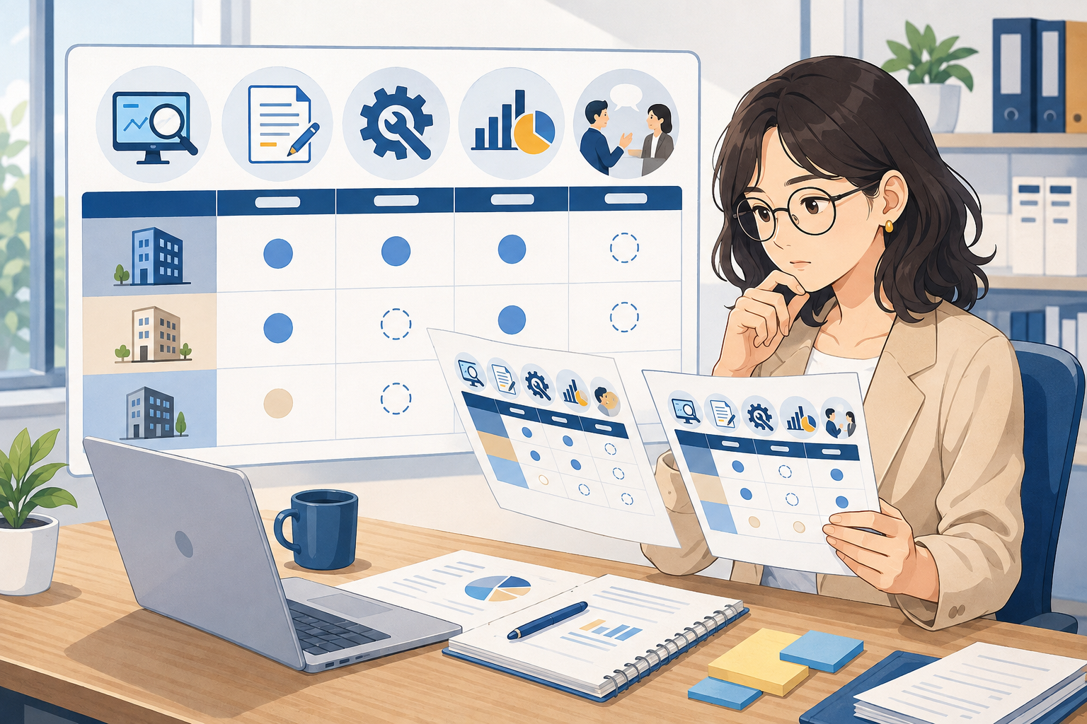 複数のSEO対策の見積もりと作業範囲を比較するWeb担当者