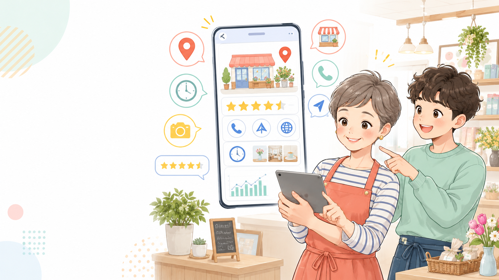 Googleビジネスプロフィールの機能を確認する店舗スタッフ