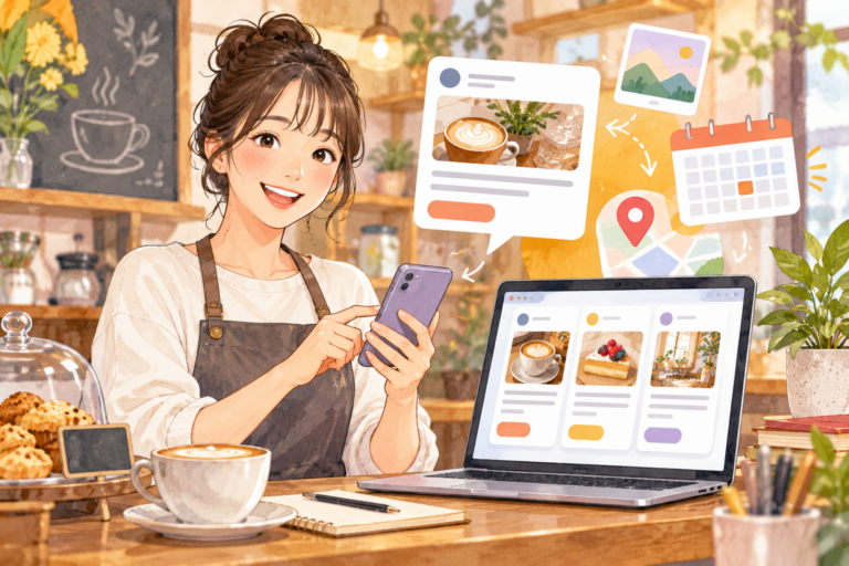 Googleビジネスプロフィールの投稿を作成するカフェ担当者