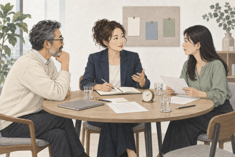 丸いテーブルを囲み、レポートと次の施策について話し合う3人の担当者のイラスト