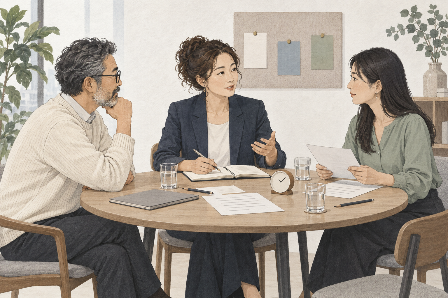 丸いテーブルを囲み、レポートと次の施策について話し合う3人の担当者のイラスト