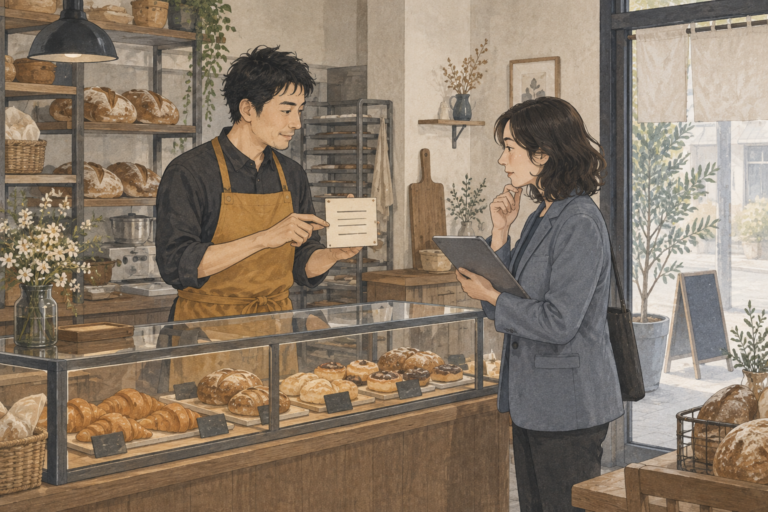 パン店の店主と外部担当者が、店頭情報とオンラインでの更新内容を確認するイラスト