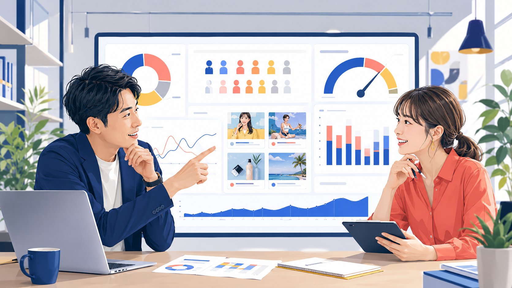 SNS広告の予算と成果を確認する企業担当者と運用担当者