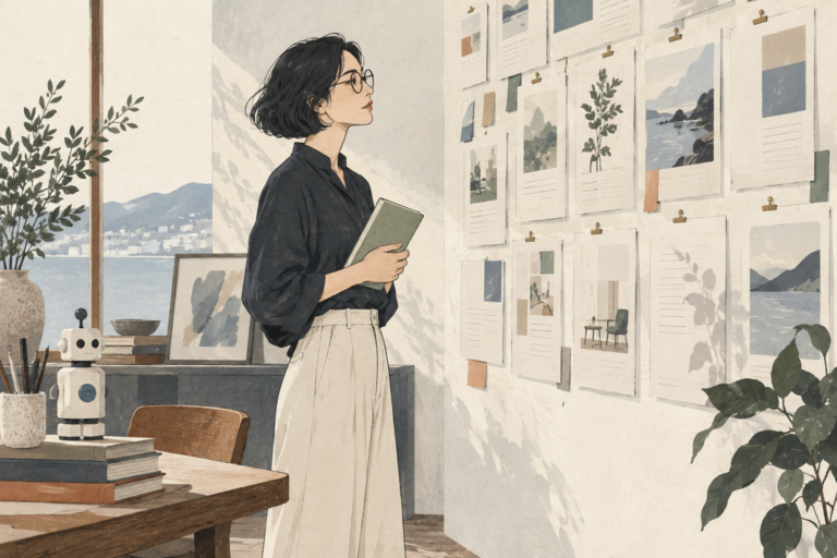 壁に並べた原稿の版を見比べ、ノートを持って確認する女性担当者のイラスト