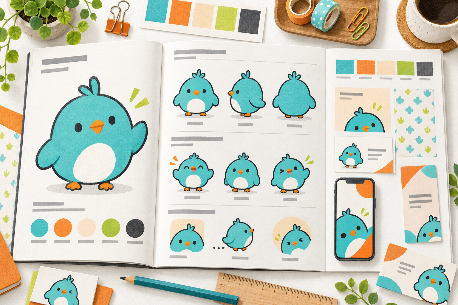 鳥の企業キャラクターの基本形・表情・色見本と、名刺やスマートフォンでの使用例をまとめたガイドラインのイラスト