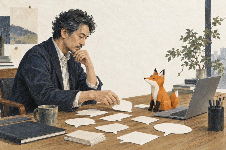 吹き出しの原稿とキツネのキャラクターを見比べてセリフを確認する編集担当者のイラスト