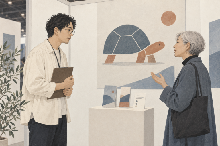 企業キャラクターを掲示した展示スペースで、来場者の感想を聞き取る担当者のイラスト