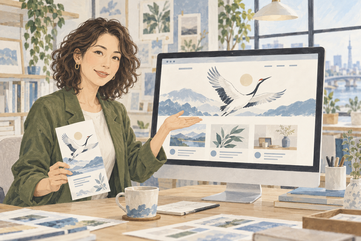企業キャラクターの紹介ページとパンフレットを案内する女性担当者のイラスト