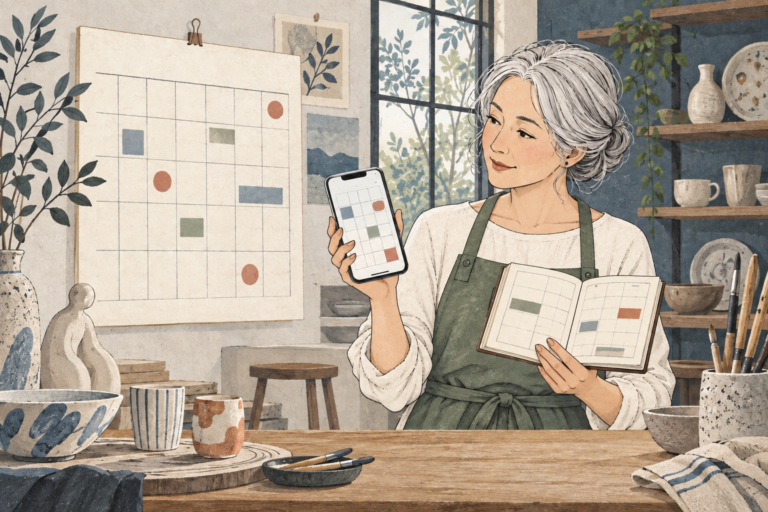 陶芸教室の担当者がスマートフォンの予約画面と予定表を確認するイラスト