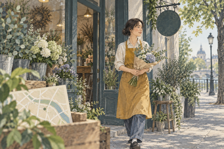 店舗の業種が伝わる花屋の外観と花束を持つ店主を描いたイラスト