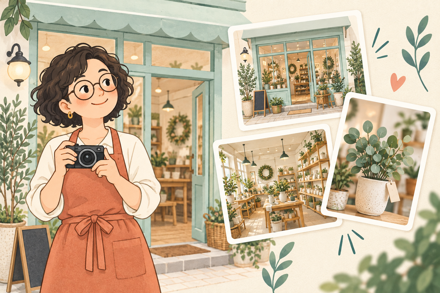 店舗の外観・店内・商品の写真を準備する、カメラを持った店舗担当者のイラスト