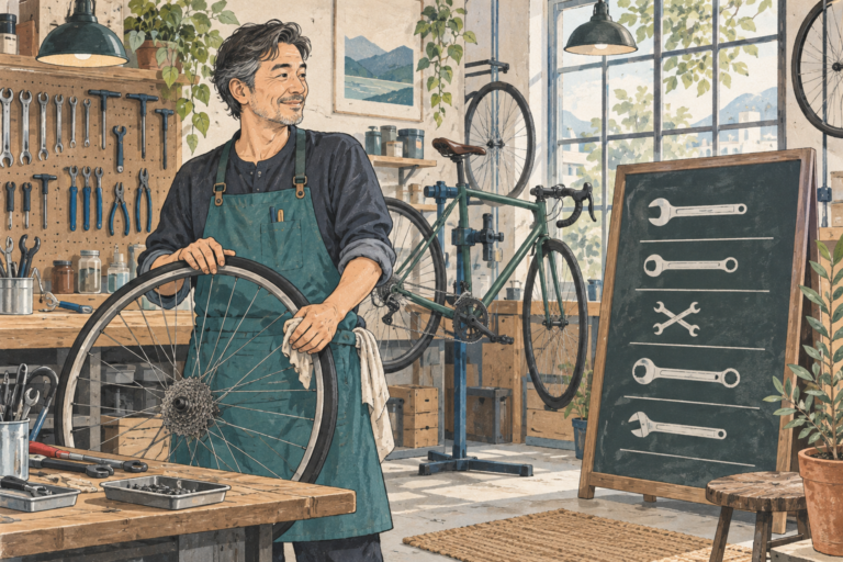 自転車の整備担当者が車輪とサービス内容の案内板を確認するイラスト