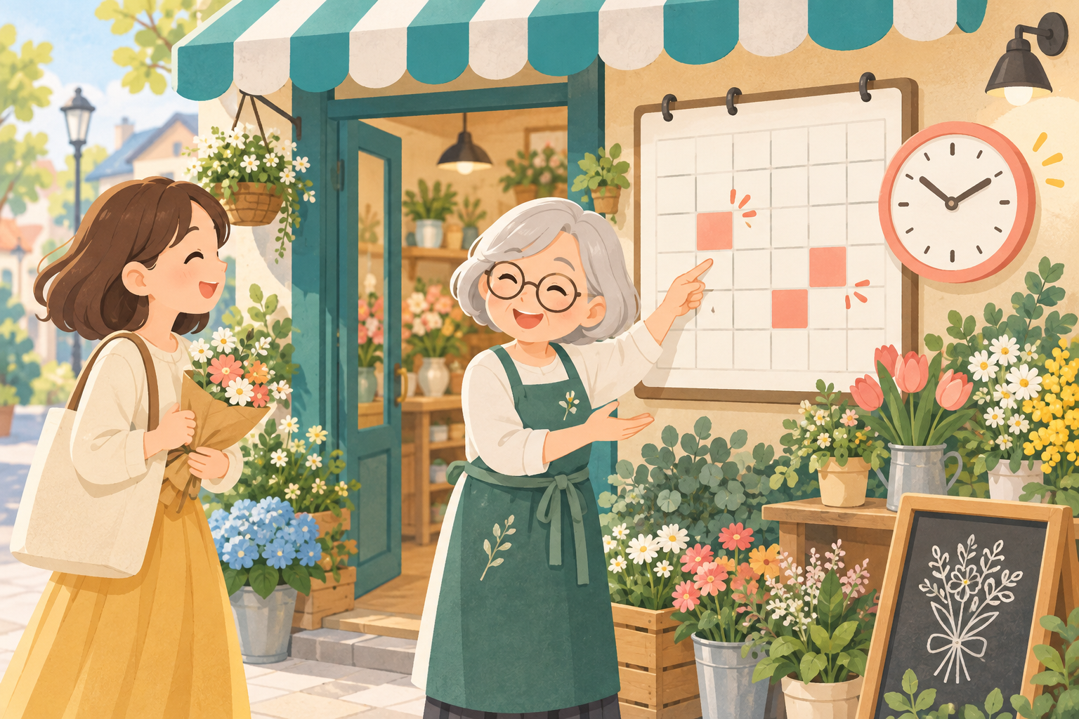 花屋の店主がカレンダーと時計を使って祝日の営業時間を案内しているイラスト