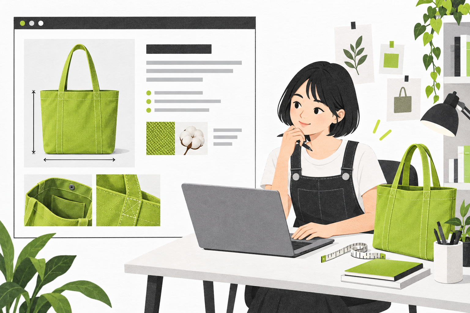 トートバッグのサイズや素材を確認しながら、パソコンで商品説明を作成するEC担当者のイラスト