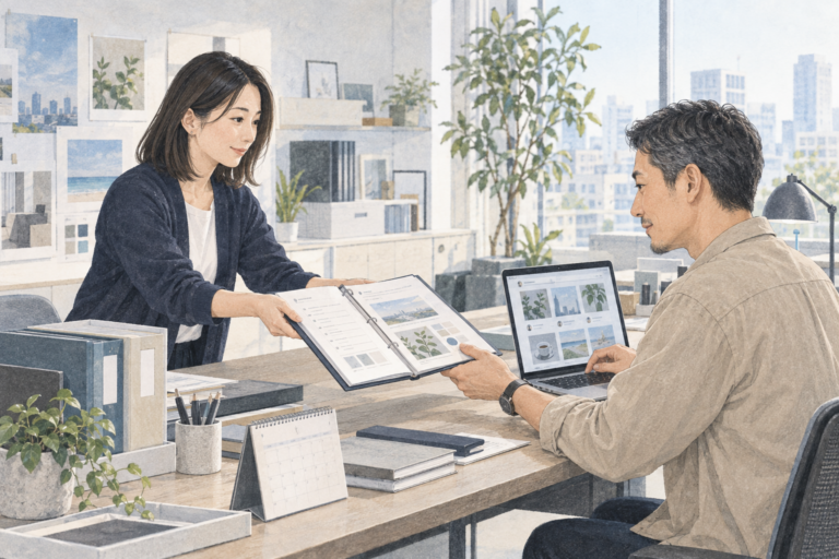 オフィスでSNS運用の引き継ぎ資料を渡し、パソコンの投稿内容を確認する二人の担当者のイラスト