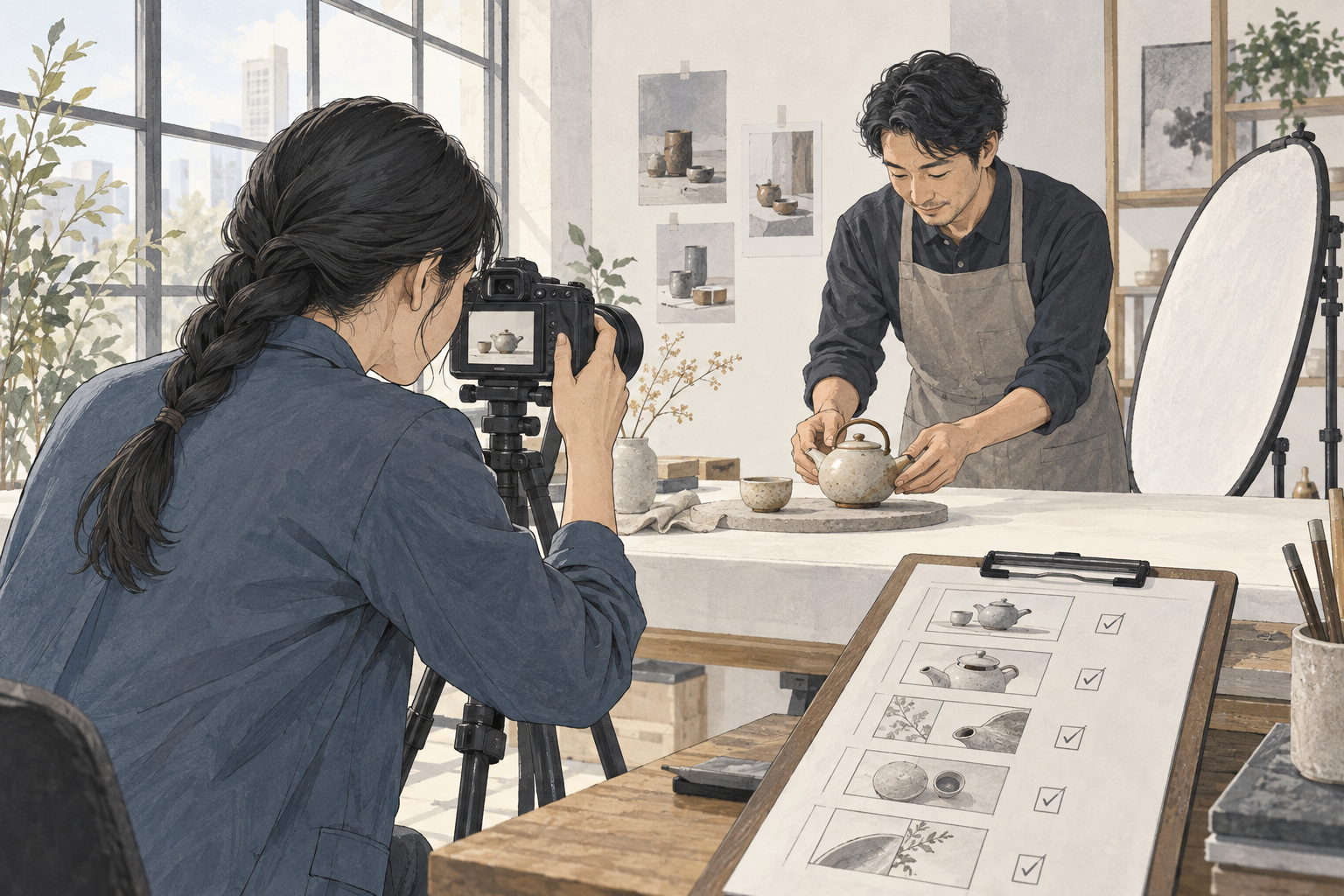 商品を整える店舗スタッフとカメラを構える撮影担当者が、撮影リストに沿ってSNS用の写真を撮るイラスト