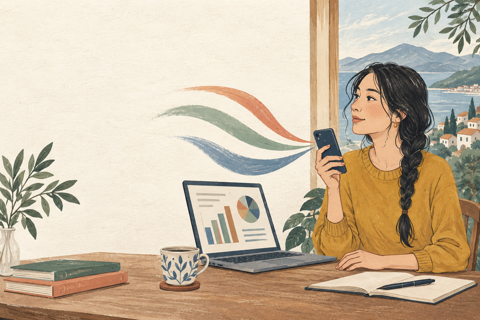 スマートフォンとアクセス解析の画面を見ながらSNSの流入を確認する女性のイラスト