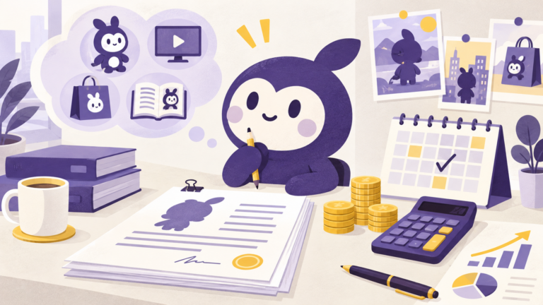 キャラクターライセンス料と見積もり条件を整理するイラスト