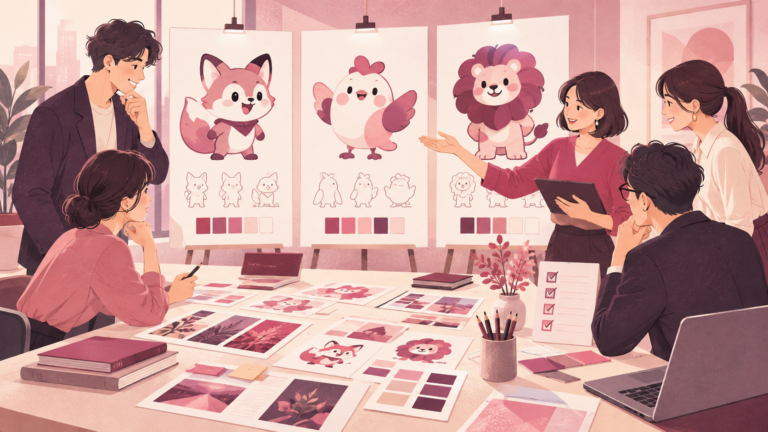 キャラクター制作会社の提案を比較するチームのイラスト
