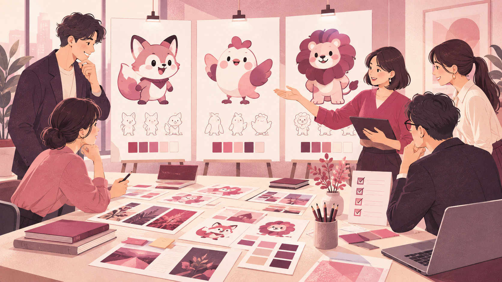 キャラクター制作会社の提案を比較するチームのイラスト