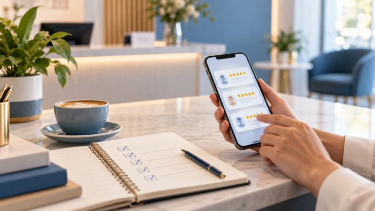 Google口コミへの返信を確認するスマートフォンとチェックリスト